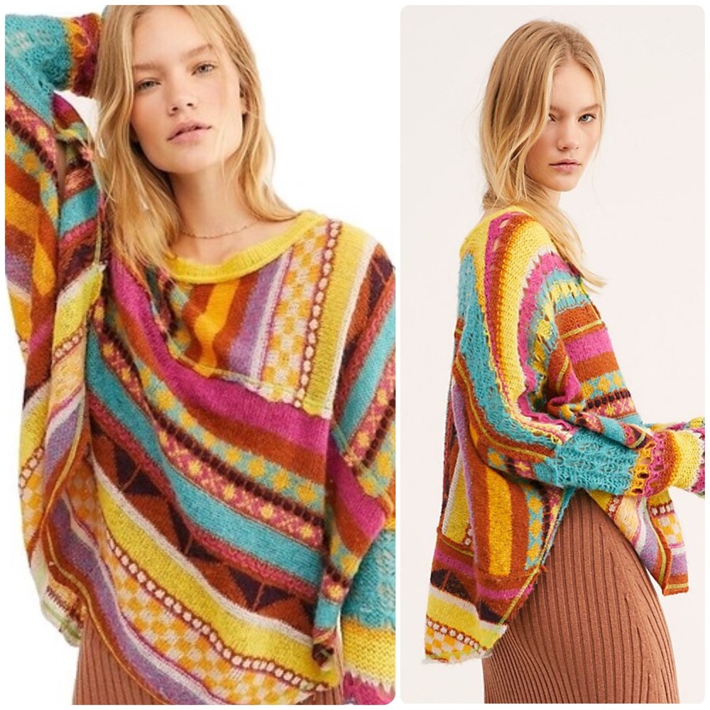 NWT Free People Womens Alpaca Wool December Skies Boho Patchwork Knit Poncho XS